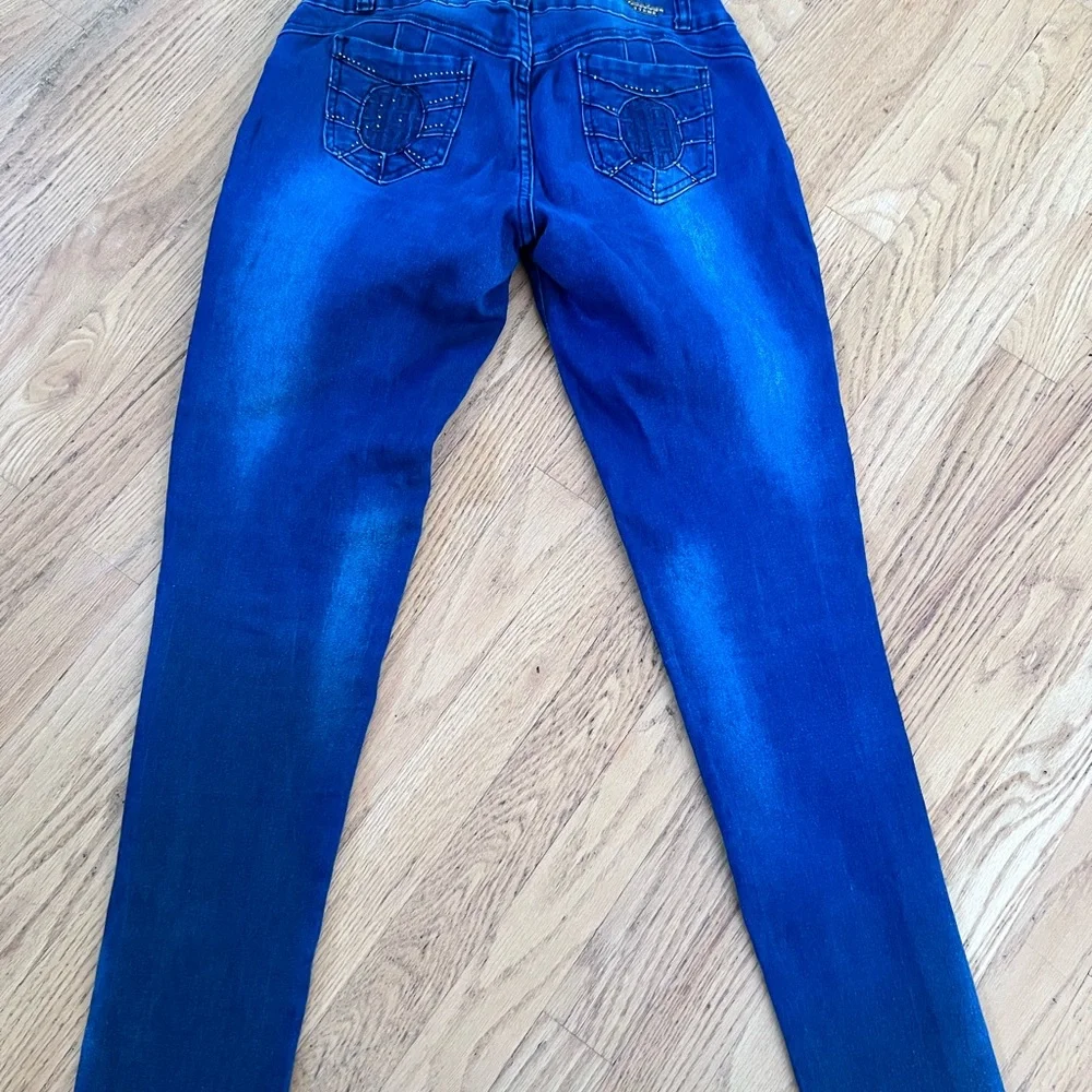 Juniors Ladies Size 7 Tush Push Blue Denim Jeans Crystals Bedazzles  GUC - Picture 7 of 9